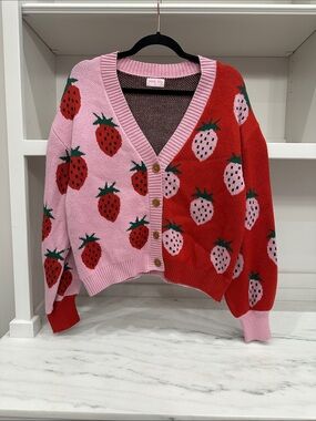 Pink Lily small Pink and Red Strawberry Knit Cardigan Sweater.  Like new